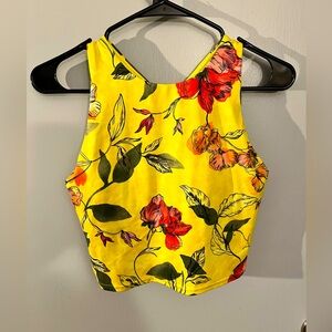 Athleta Womens M Cropped Yellow Workout Top with Bra Floral Print Athleisure